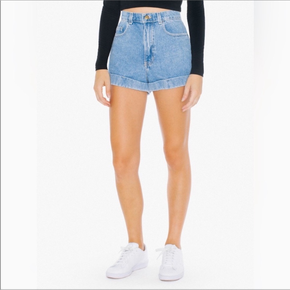 American Apparel High Rise Denim Cuffed Jean Hi Waisted Shorts in Summer Wash